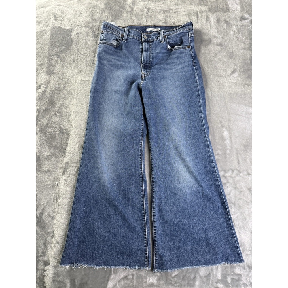 Levis Jeans Womens 36 Blue Ribcage Bell Bottom Stretch Denim Flare 36x27 Raw Hem